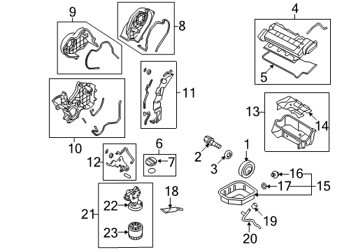 2010 Kia Optima Engine Parts, Mounts, Cylinder Head & Valves, Camshaft & Timing, Variable Valve Timing, Oil Pan, Oil Pump, Balance Shafts, Crankshaft & Bearings, Pistons, Rings & Bearings Bracket-Oil Filter Diagram for 21395-3E001