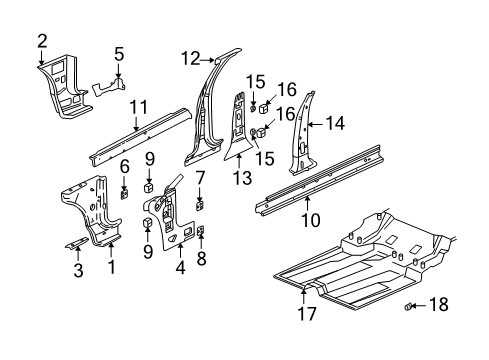 2000 Buick Park Avenue Center Pillar, Hinge Pillar, Rocker, Floor Hinge Reinforcement Diagram for 25706733