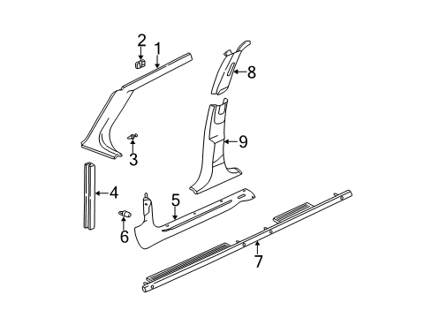 1998 Chevrolet Malibu Interior Trim - Pillars, Rocker & Floor Molding Asm-Windshield Side Upper Garnish *Pewter T Diagram for 22605926