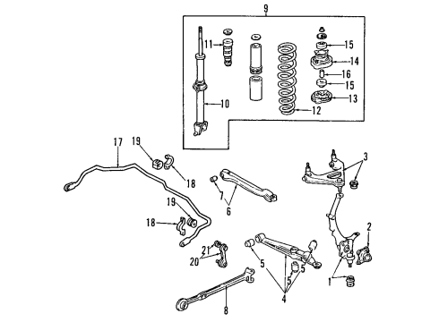1993 Honda Prelude Rear Suspension Components, Lower Control Arm, Upper Control Arm, Stabilizer Bar Shock Absorber Unit, Left Rear Diagram for 52612-SS0-904