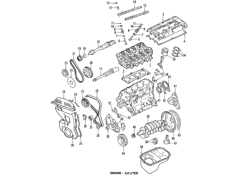 1998 Hyundai Sonata Engine Parts, Mounts, Cylinder Head & Valves, Camshaft & Timing, Oil Pan, Oil Pump, Balance Shafts, Crankshaft & Bearings, Pistons, Rings & Bearings Seal-Oil Rear Diagram for 2132142042