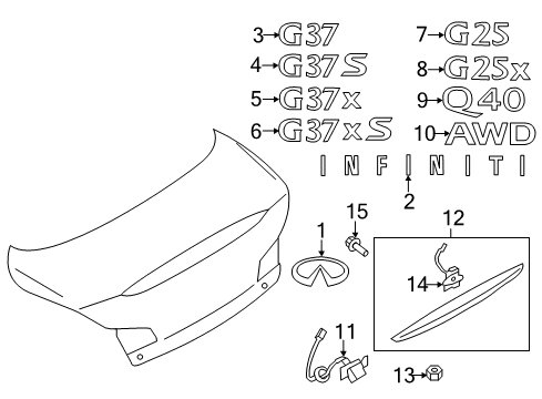 2012 Infiniti G25 Parking Aid Trunk Lid Emblem Diagram for 84894-1NF0A