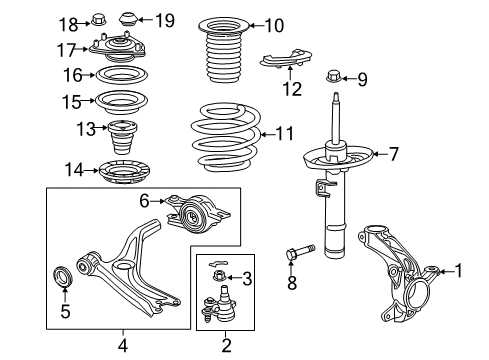 2017 Honda Civic Front Suspension Components, Lower Control Arm, Ride Control, Stabilizer Bar Shock Absorber Unit, Left Front Diagram for 51621-TBF-A01