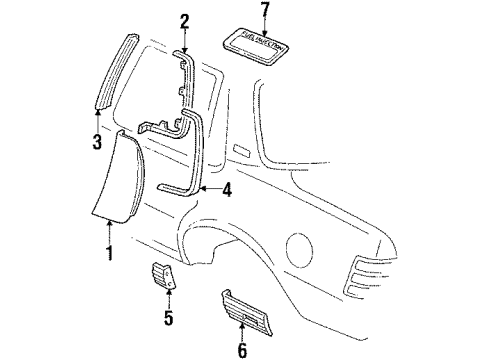 1990 Pontiac 6000 Quarter Panel Glass & Moldings, Exterior Trim Molding Diagram for 20499065