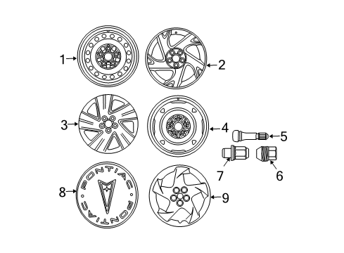 2004 Pontiac Vibe Wheels, Covers & Trim Wheel Rim, 17X7 *Silver-Flat Diagram for 88970110