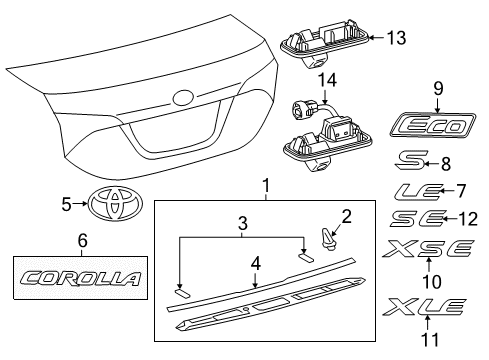 2017 Toyota Corolla Exterior Trim - Trunk Lid Clip, Back Door Outside Garnish Diagram for 76817-12070