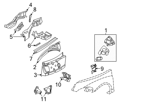 2008 Chrysler PT Cruiser Structural Components & Rails Shield-WHEELHOUSE Diagram for 5152054AA