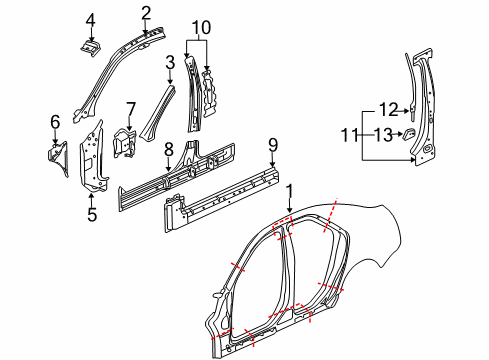 2011 Cadillac CTS Center Pillar, Hinge Pillar, Rocker, Uniside Uniside Assembly Diagram for 20900732