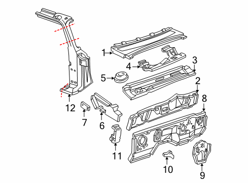 2000 Ford Ranger Cab Cowl, Hinge Pillar Cowl Top Panel Diagram for F57Z-1002012-A