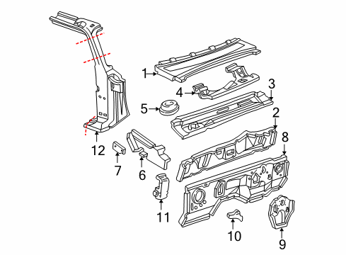 2000 Ford Ranger Cab Cowl, Hinge Pillar Shield Diagram for E9TZ-7802254-A