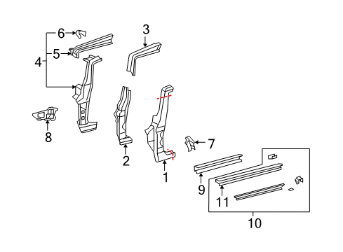 2009 Toyota FJ Cruiser Hinge Pillar, Rocker Panel Inner Rail Bracket Diagram for 61183-35020