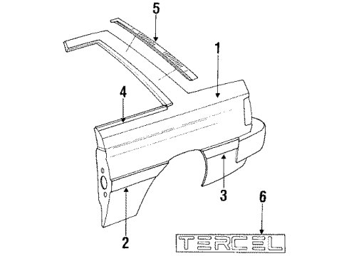 1989 Toyota Tercel Quarter Panel & Components, Exterior Trim Body Side Molding Diagram for 75653-16160