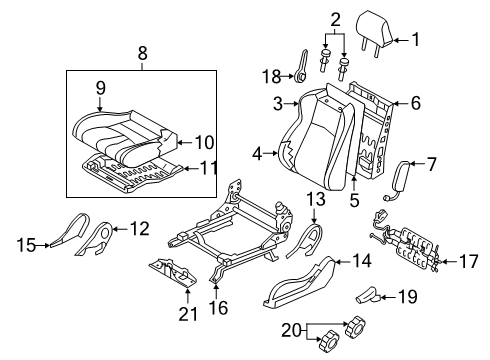 2010 Nissan 370Z Driver Seat Components Pad Front Seat Cushion Diagram for 87361-1EA2A