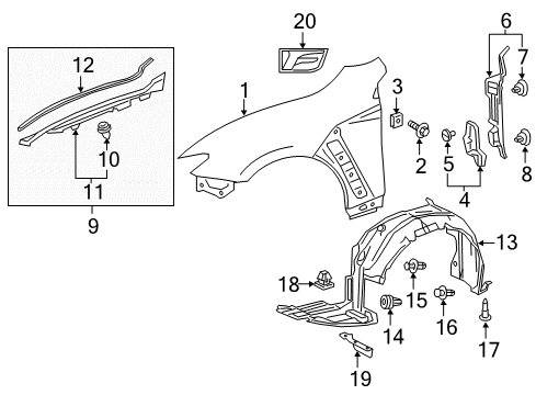 2022 Lexus RC F Fender & Components Shield Sub-Assembly, FEN Diagram for 53806-24100