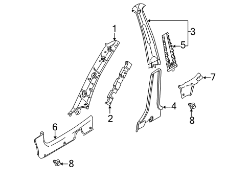 2002 Kia Rio Interior Trim - Pillars, Rocker & Floor Trim-A Pillar, RH Diagram for 0K32A68170B78