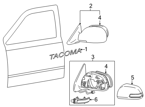 2010 Toyota Tacoma Outside Mirrors, Exterior Trim Mirror Glass Diagram for 87909-04190