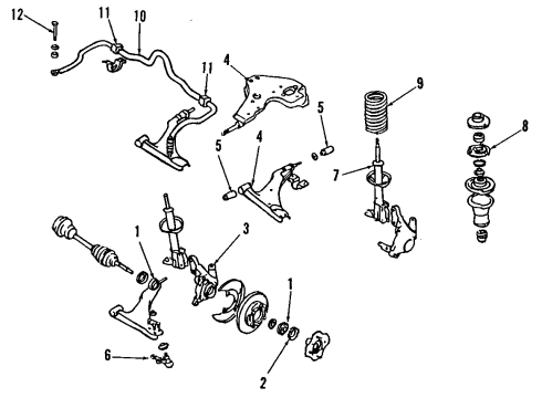 1985 Nissan Pulsar NX Front Suspension Components, Lower Control Arm, Upper Control Arm, Stabilizer Bar Spindle KNUCK R Diagram for 40014-02E02