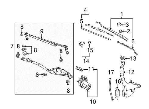 2005 Buick LaCrosse Wiper & Washer Components Seal Kit, Windshield Washer Solvent Level Switch & Windshield Wiper Pump Diagram for 88986203