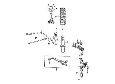 1987 Acura Legend Front Suspension Components, Lower Control Arm, Upper Control Arm, Stabilizer Bar Knuckle Complete , R Diagram for 51210-SD4-955