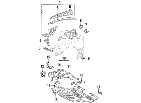 1993 Lexus LS400 Structural Components & Rails Apron Sub-Assy, Front Fender, LH Diagram for 53702-50013