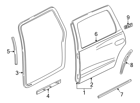 1999 Dodge Durango Rear Door & Components, Exterior Trim Molding-Rear Door Diagram for 5FX96TZZAA