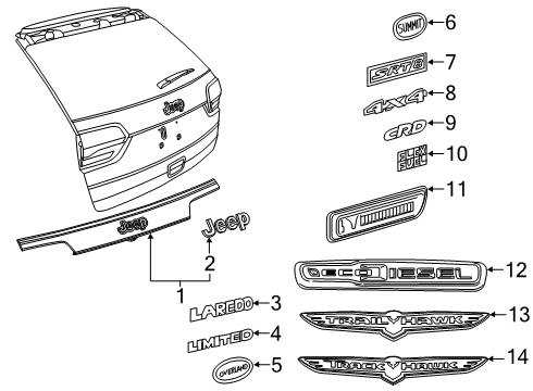 2018 Jeep Grand Cherokee Exterior Trim - Lift Gate Nameplate Diagram for 68217340AA