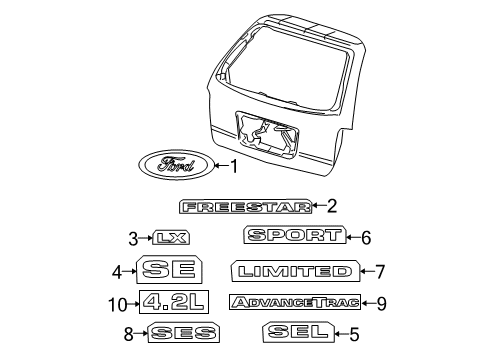 2006 Ford Freestar Exterior Trim - Lift Gate Nameplate Diagram for 2L2Z-7842528-BA