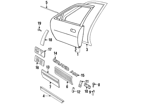 1994 Pontiac Grand Am Front Door & Components, Exterior Trim Molding Kit, Front Side Door Center Diagram for 88891508