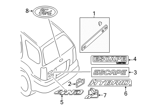 2009 Ford Escape Exterior Trim - Lift Gate Nameplate Diagram for 5M6Z-7842528-AA