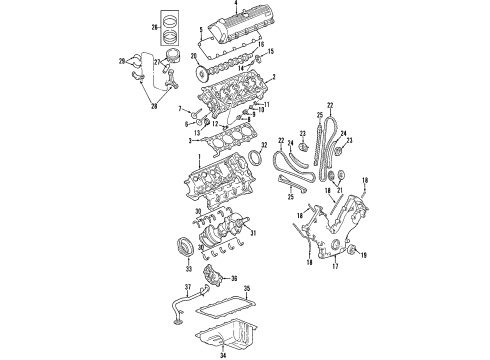 Diagram for 1999 Ford F-250 Engine Parts, Mounts, Cylinder Head & Valves, Camshaft & Timing, Oil Pan, Oil Pump, Crankshaft & Bearings, Pistons, Rings & Bearings 