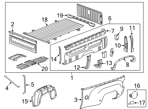 2011 GMC Sierra 3500 HD Pick Up Box Components Filler Pocket Bumper Diagram for 89047657