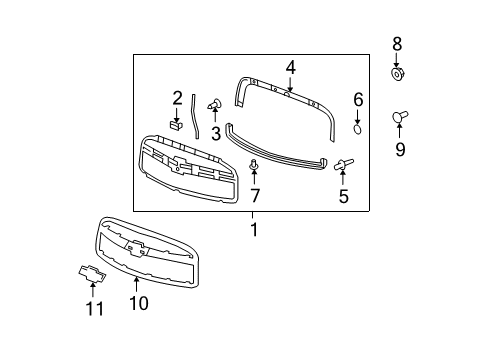 2009 Chevrolet HHR Grille & Components Grille Clip Diagram for 15078238