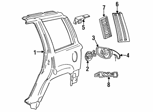 1993 Jeep Grand Wagoneer Quarter Panel & Components, Exterior Trim Cable-W/LATCH -Fuel Filler Door Diagram for 55030119