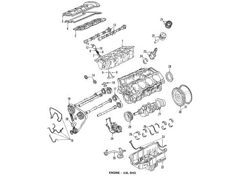 1990 Ford Taurus Engine Parts, Mounts, Cylinder Head & Valves, Camshaft & Timing, Oil Pan, Oil Pump, Crankshaft & Bearings, Pistons, Rings & Bearings Oil Pan Diagram for F68Z-6675-AB