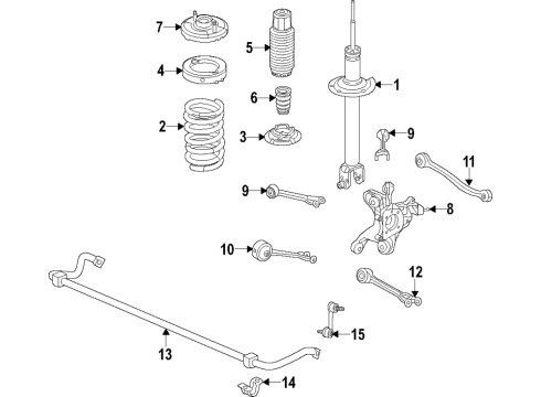2018 Honda Clarity Rear Suspension Components, Lower Control Arm, Upper Control Arm, Stabilizer Bar Stabilizer Complete, Rear Diagram for 52300-TRV-A01