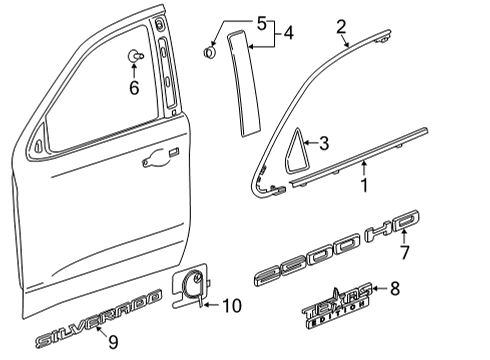 2021 Chevrolet Silverado 2500 HD Exterior Trim - Front Door Upper Molding Diagram for 84938757