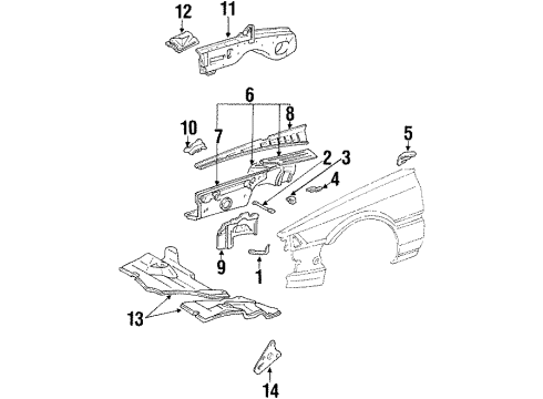 1990 Lexus ES250 Structural Components & Rails Bumper, Fender To Hood Diagram for 53384-14030