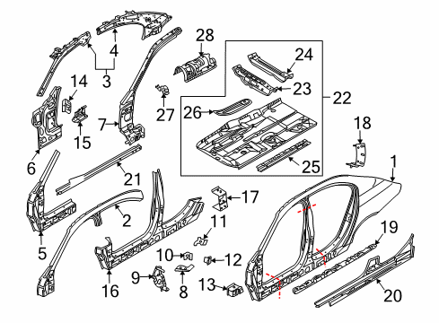 2004 BMW 530i Center Pillar & Rocker, Hinge Pillar, Floor, Uniside Reinforcement, Engine Support, Top Left Diagram for 41127111203