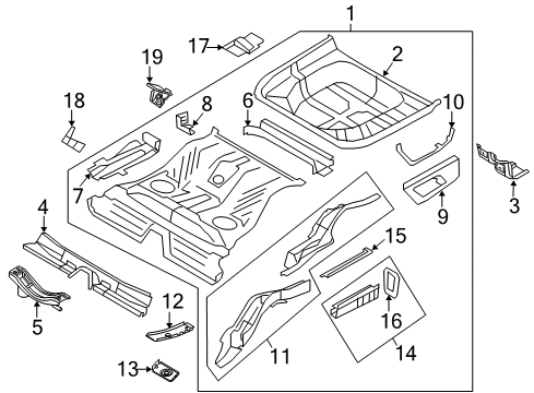 2010 Lincoln MKS Rear Floor & Rails Support Plate Reinforcement Diagram for 8A8Z-74104A70-A