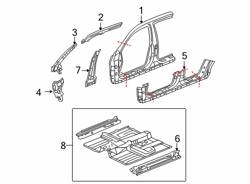 2005 Honda Accord Aperture Panel, Center Pillar, Floor & Rails, Hinge Pillar, Rocker Floor, FR. Diagram for 65100-SDR-A00ZZ
