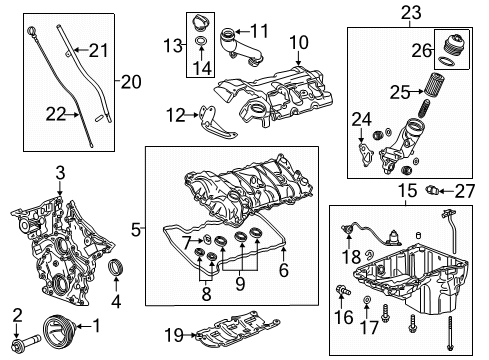 2018 GMC Canyon Engine Parts, Mounts, Cylinder Head & Valves, Camshaft & Timing, Variable Valve Timing, Oil Pan, Oil Pump, Balance Shafts, Crankshaft & Bearings, Pistons, Rings & Bearings Oil Filter Housing Gasket Diagram for 12652358