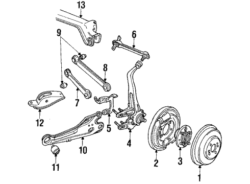 1988 Honda Accord Rear Suspension Components, Lower Control Arm, Upper Control Arm, Stabilizer Bar Plate, Right Rear Brake Backing Diagram for 43110-SE0-013