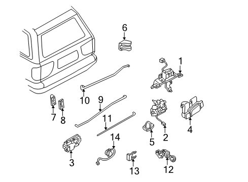 2000 Nissan Pathfinder Lift Gate Cylinder Set-Back Door Lock Diagram for K0600-1W325
