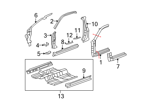 2009 Honda Accord Hinge Pillar, Lock Pillar, Rocker, Floor & Rails Separator, L. FR. Pillar (Outer) Diagram for 63538-TE0-A01