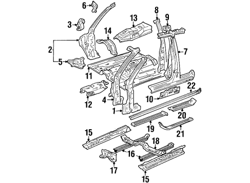 1994 Lexus ES300 Center Pillar & Rocker, Hinge Pillar, Exterior Trim, Floor Hole Cover Diagram for 58136-12020