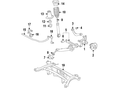 2010 Pontiac Vibe Rear Suspension Components, Lower Control Arm, Upper Control Arm, Stabilizer Bar Mount, Rear Shock Absorber Upper Diagram for 19184436