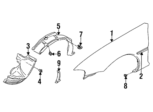 1996 Infiniti J30 Fender & Components Protector-Front Fender, Front RH Diagram for 63844-10Y00