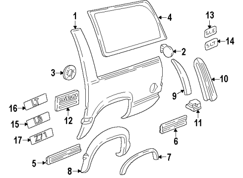 1996 Chevrolet Tahoe Quarter Panel & Components, Glass, Exterior Trim Nameplate Diagram for 15678961