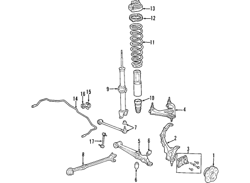 1999 Honda Prelude Rear Suspension Components, Lower Control Arm, Upper Control Arm, Stabilizer Bar Link Assembly, Rear Stabilizer Diagram for 52320-S30-003