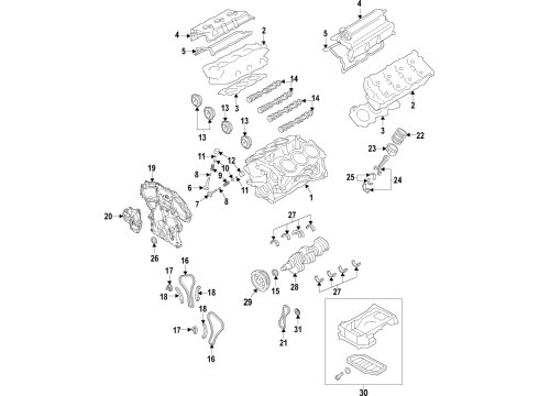 2018 Infiniti Q60 Engine Parts, Mounts, Cylinder Head & Valves, Camshaft & Timing, Variable Valve Timing, Oil Cooler, Oil Pan, Oil Pump, Balance Shafts, Crankshaft & Bearings, Pistons, Rings & Bearings Oil Cooler Assy Diagram for 21305-5CB0A